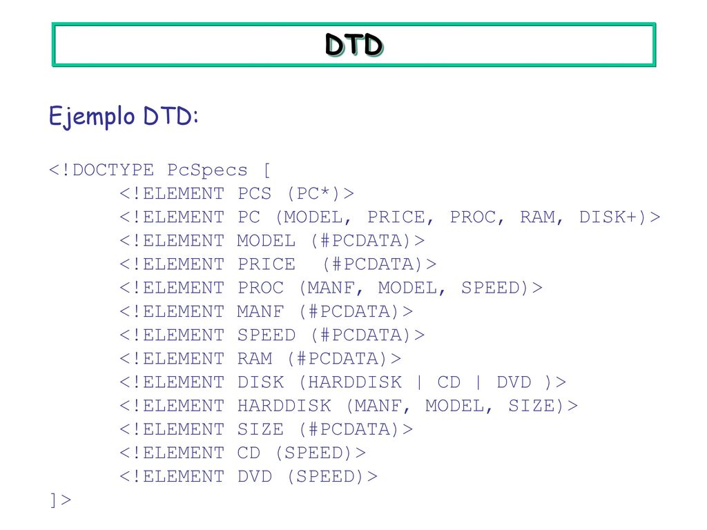 DTD Ejemplo DTD: <!DOCTYPE PcSpecs [ <!ELEMENT PCS (PC*)>