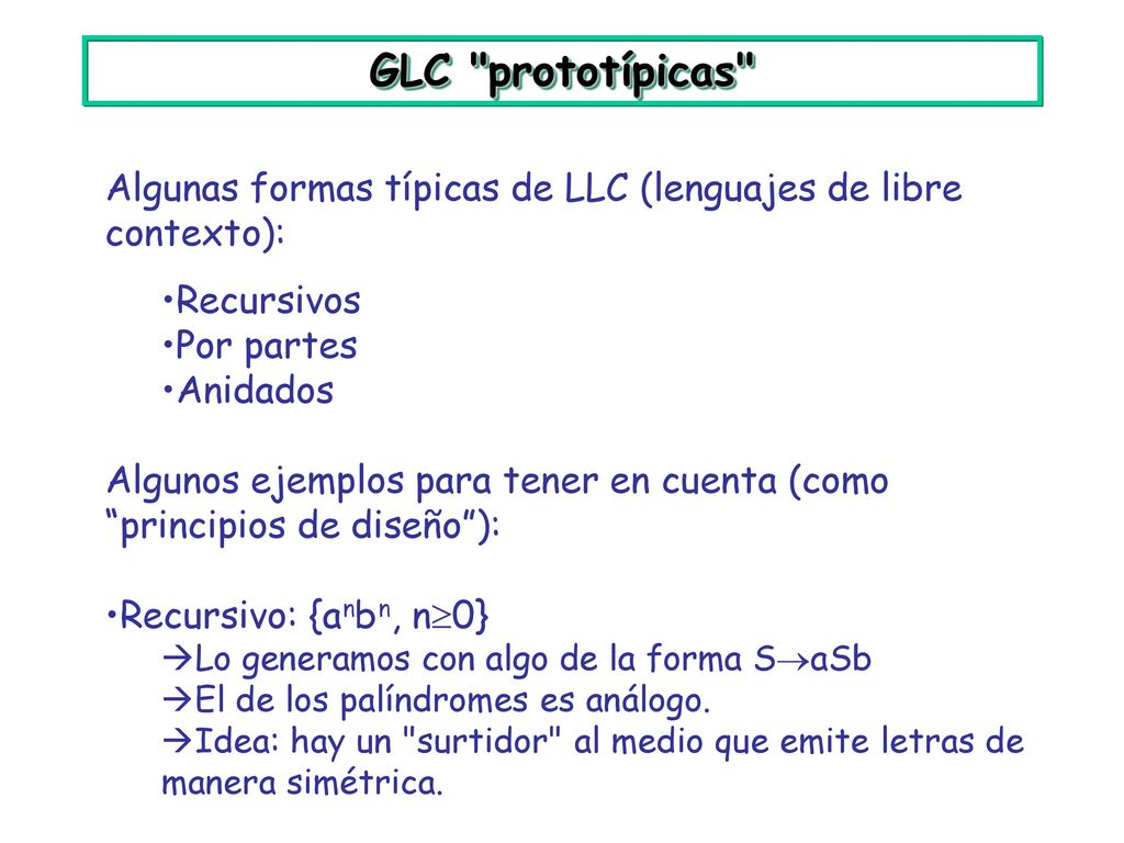 GLC prototípicas Algunas formas típicas de LLC (lenguajes de libre contexto): Recursivos. Por partes.