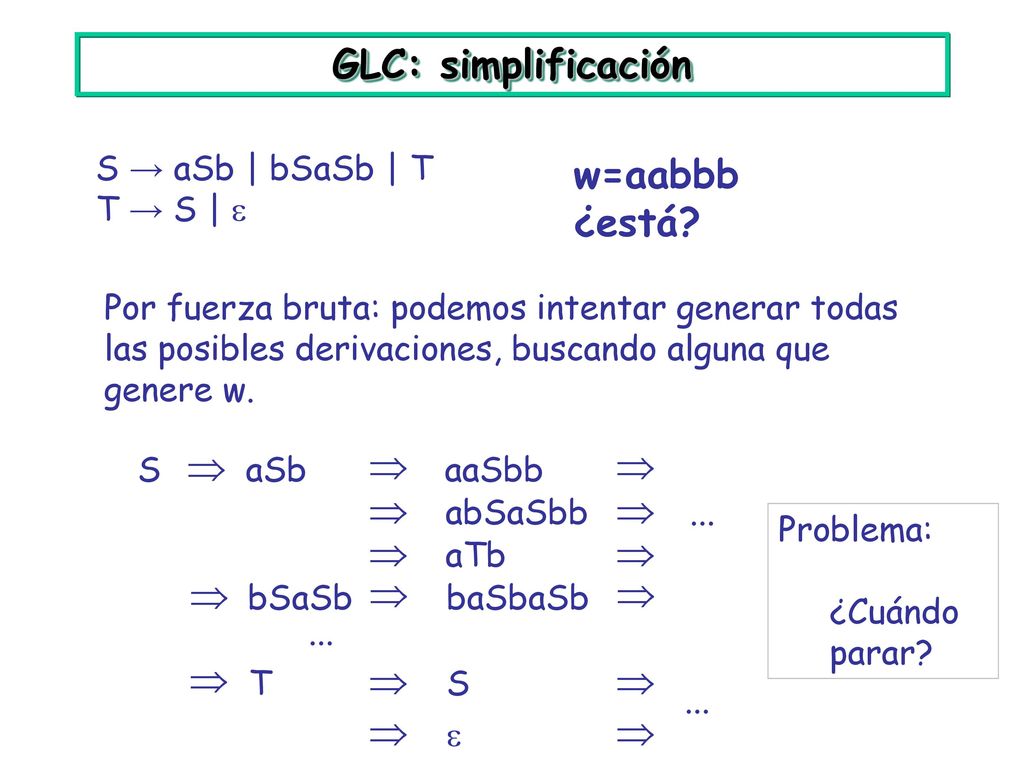GLC: simplificación w=aabbb ¿está               