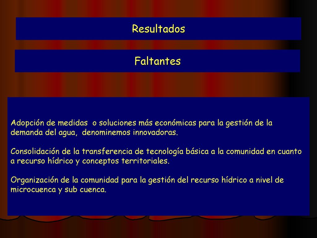 Resultados Faltantes. Adopción de medidas o soluciones más económicas para la gestión de la demanda del agua, denominemos innovadoras.