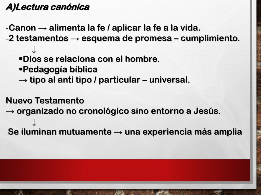 Lectura canónica Canon → alimenta la fe / aplicar la fe a la vida. 2 testamentos → esquema de promesa – cumplimiento.