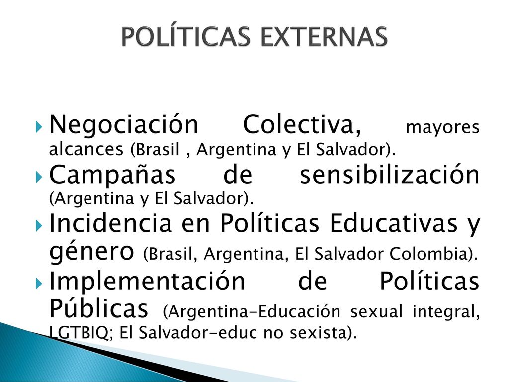 POLÍTICAS EXTERNAS Negociación Colectiva, mayores alcances (Brasil , Argentina y El Salvador).
