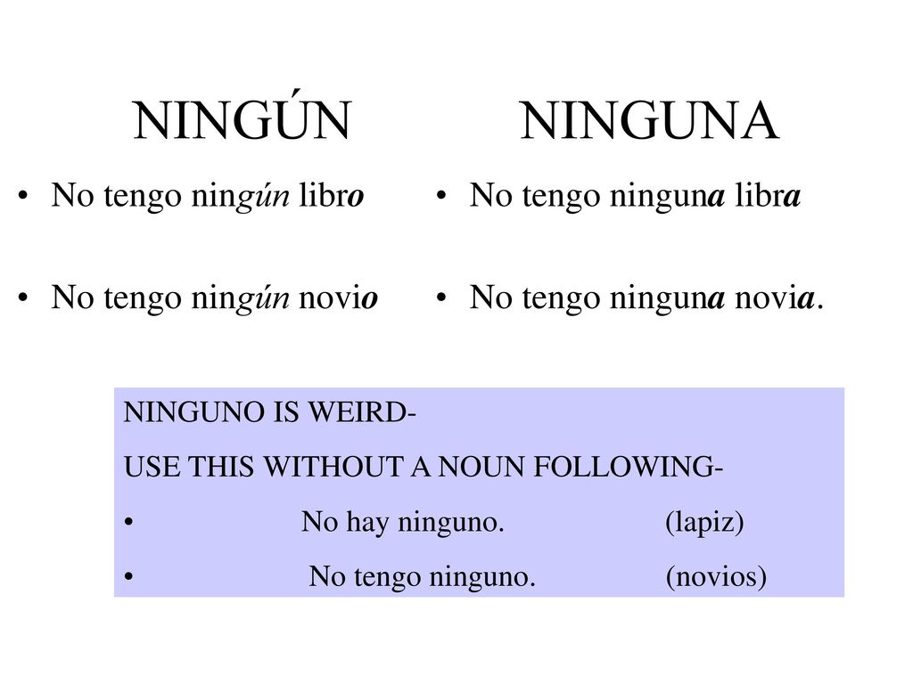 NINGÚN NINGUNA No tengo ningún libro No tengo ningún novio