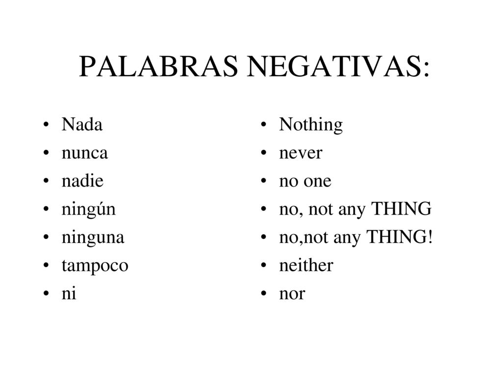 PALABRAS NEGATIVAS: Nada nunca nadie ningún ninguna tampoco ni Nothing