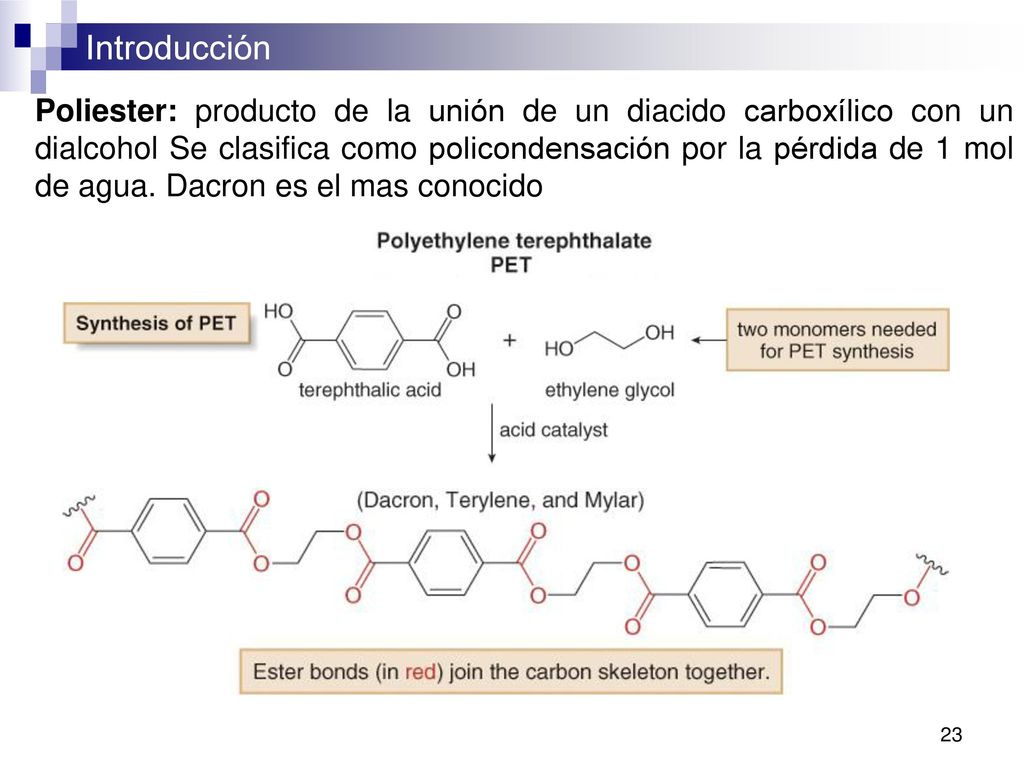 Poliester: producto de la unión de un diacido carboxílico con un dialcohol Se clasifica como policondensación por la pérdida de 1 mol de agua.