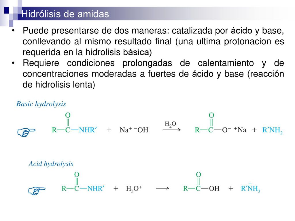 Puede presentarse de dos maneras: catalizada por ácido y base, conllevando al mismo resultado final (una ultima protonacion es requerida en la hidrolisis básica)