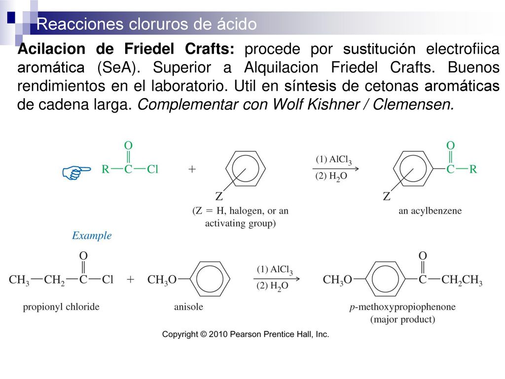 Acilacion de Friedel Crafts: procede por sustitución electrofiica aromática (SeA).