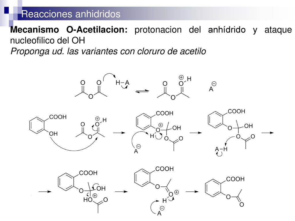 Mecanismo O-Acetilacion: protonacion del anhídrido y ataque nucleofilico del OH