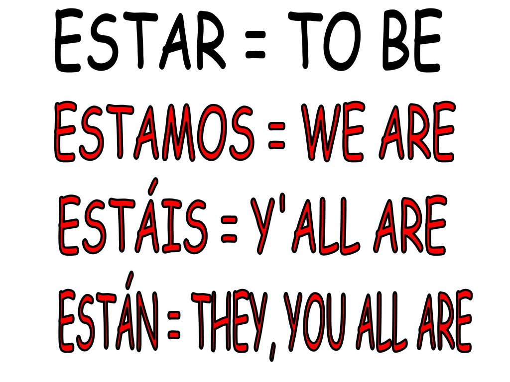 ESTAR = TO BE ESTAMOS = WE ARE ESTÁIS = Y ALL ARE ESTÁN = THEY, YOU ALL ARE
