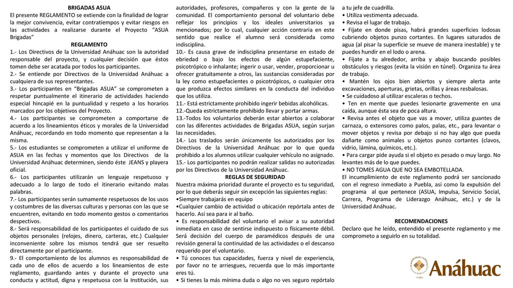 9.- El comportamiento de los alumnos es responsabilidad de cada uno de ellos de acuerdo a los lineamientos de este reglamento, guardando antes y durante el proyecto una conducta y actitud, digna y respetuosa con la Institución, sus autoridades, profesores, compañeros y con la gente de la comunidad. El comportamiento personal del voluntario debe reflejar los principios y los ideales universitarios ya mencionados; por lo cual, cualquier acción contraria en este sentido que realice el alumno será considerada como indisciplina.