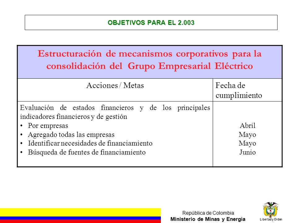 OBJETIVOS PARA EL Estructuración de mecanismos corporativos para la consolidación del Grupo Empresarial Eléctrico.