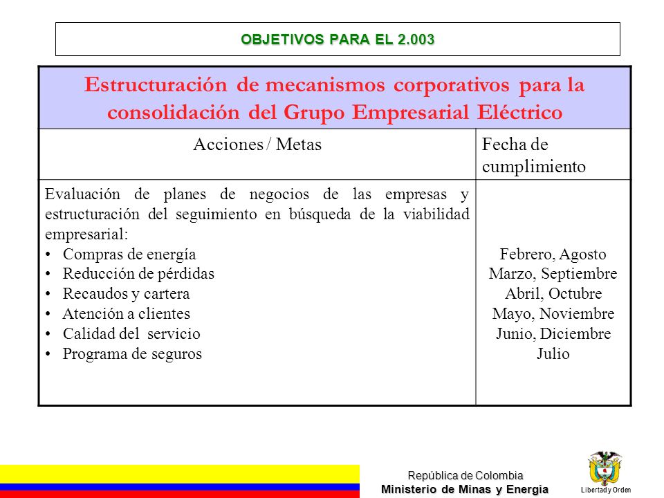 OBJETIVOS PARA EL Estructuración de mecanismos corporativos para la consolidación del Grupo Empresarial Eléctrico.