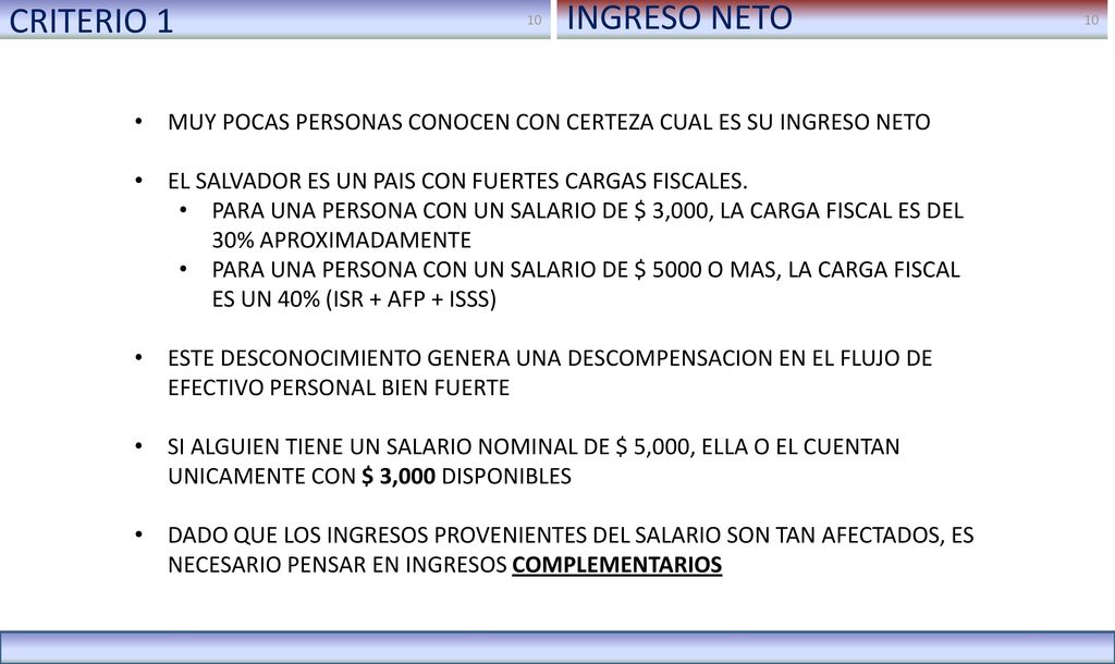 CRITERIO 1 INGRESO NETO. MUY POCAS PERSONAS CONOCEN CON CERTEZA CUAL ES SU INGRESO NETO. EL SALVADOR ES UN PAIS CON FUERTES CARGAS FISCALES.