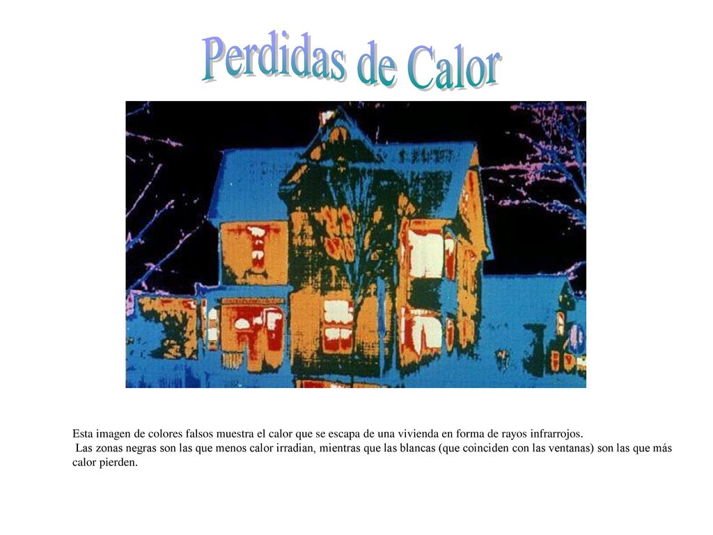Perdidas de Calor Esta imagen de colores falsos muestra el calor que se escapa de una vivienda en forma de rayos infrarrojos.