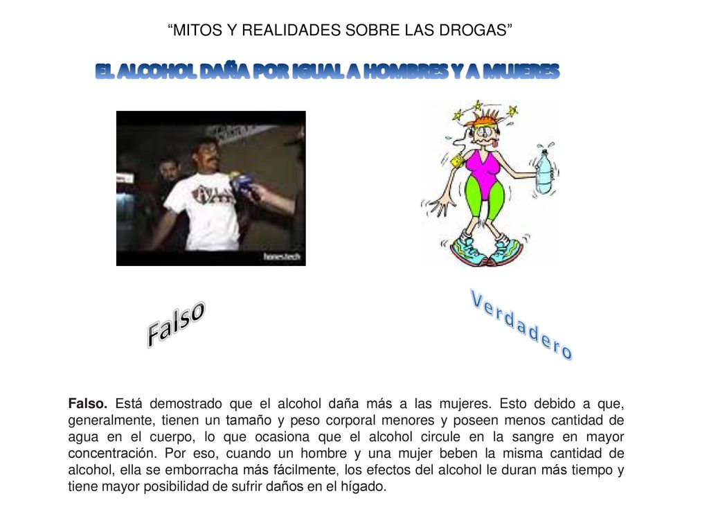 Falso Verdadero EL ALCOHOL DAÑA POR IGUAL A HOMBRES Y A MUJERES