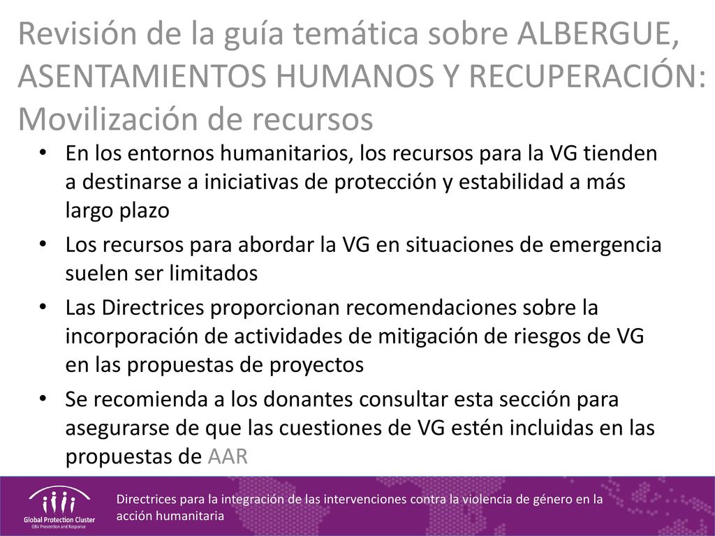 Revisión de la guía temática sobre ALBERGUE, ASENTAMIENTOS HUMANOS Y RECUPERACIÓN: Movilización de recursos