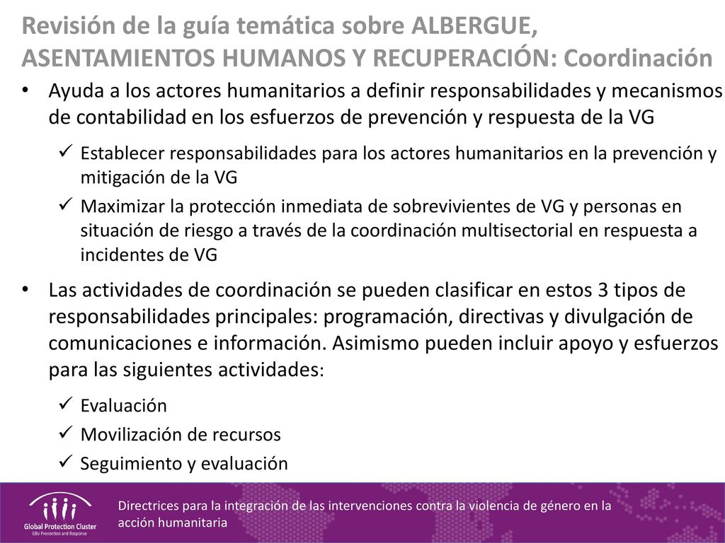 Revisión de la guía temática sobre ALBERGUE, ASENTAMIENTOS HUMANOS Y RECUPERACIÓN: Coordinación