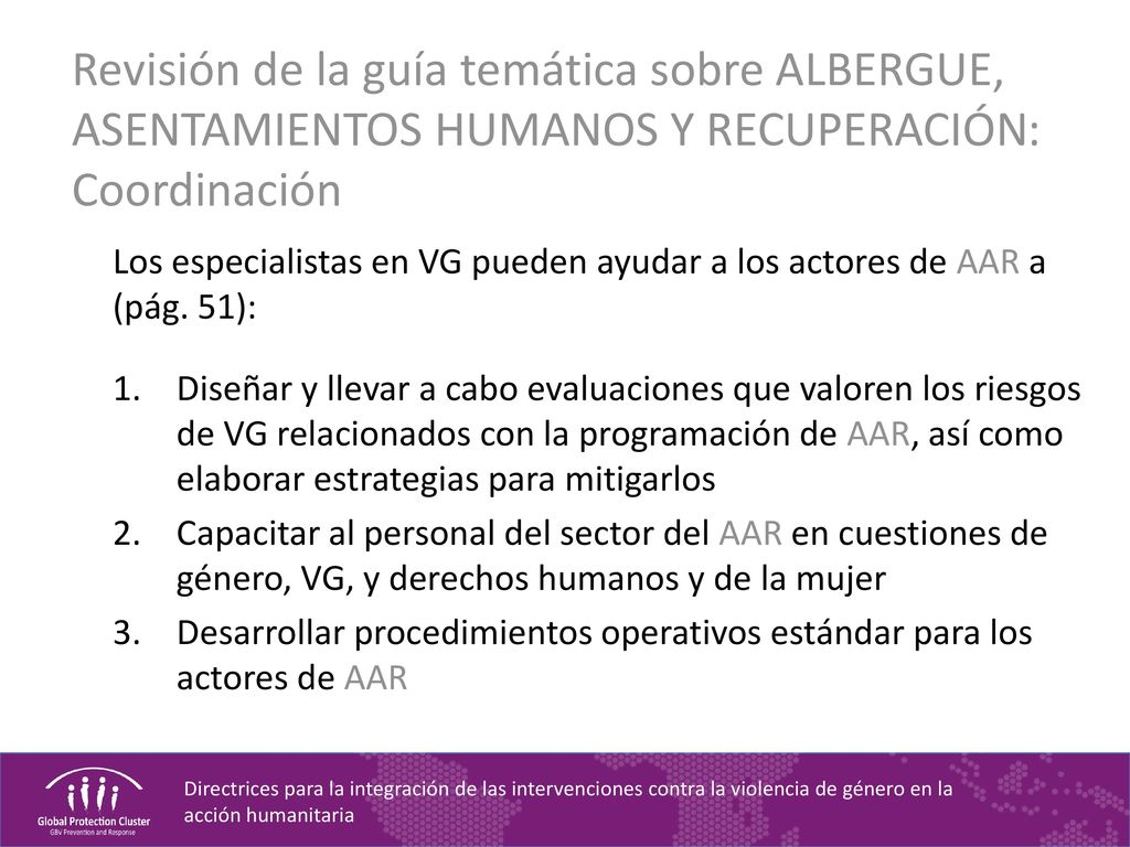 Revisión de la guía temática sobre ALBERGUE, ASENTAMIENTOS HUMANOS Y RECUPERACIÓN: Coordinación