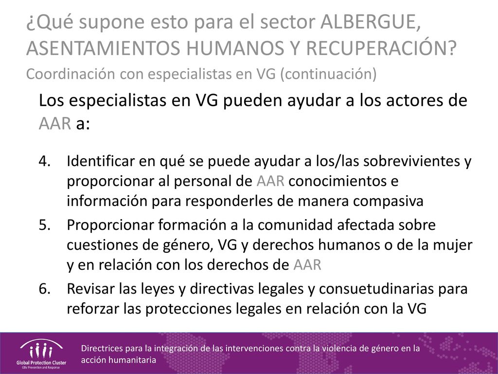 ¿Qué supone esto para el sector ALBERGUE, ASENTAMIENTOS HUMANOS Y RECUPERACIÓN Coordinación con especialistas en VG (continuación)