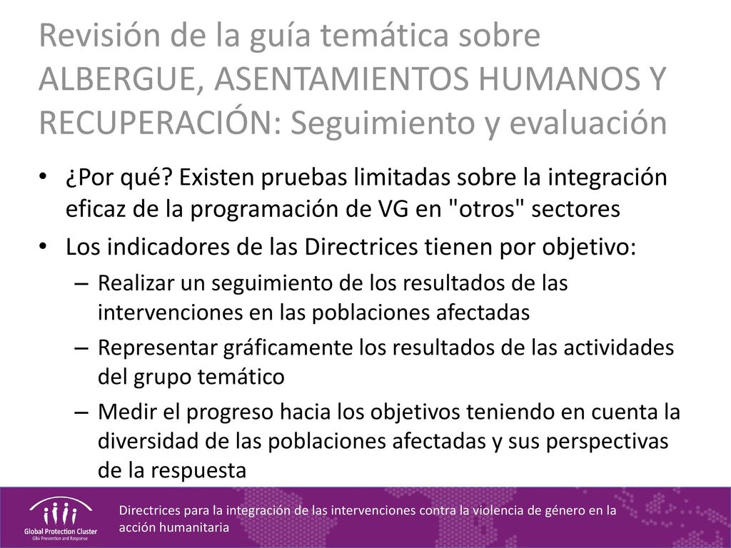 Revisión de la guía temática sobre ALBERGUE, ASENTAMIENTOS HUMANOS Y RECUPERACIÓN: Seguimiento y evaluación