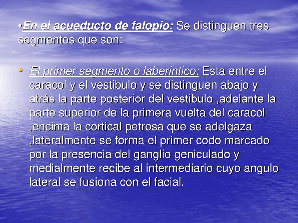 En el acueducto de falopio: Se distinguen tres segmentos que son: