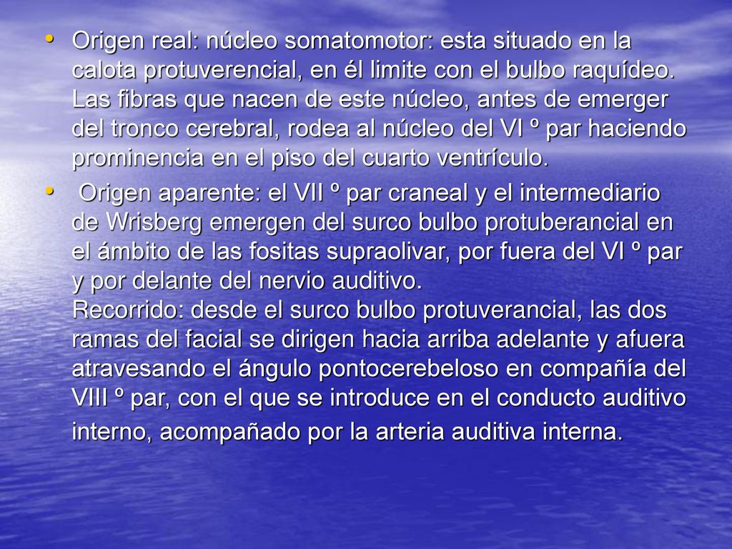 Origen real: núcleo somatomotor: esta situado en la calota protuverencial, en él limite con el bulbo raquídeo. Las fibras que nacen de este núcleo, antes de emerger del tronco cerebral, rodea al núcleo del VI º par haciendo prominencia en el piso del cuarto ventrículo.