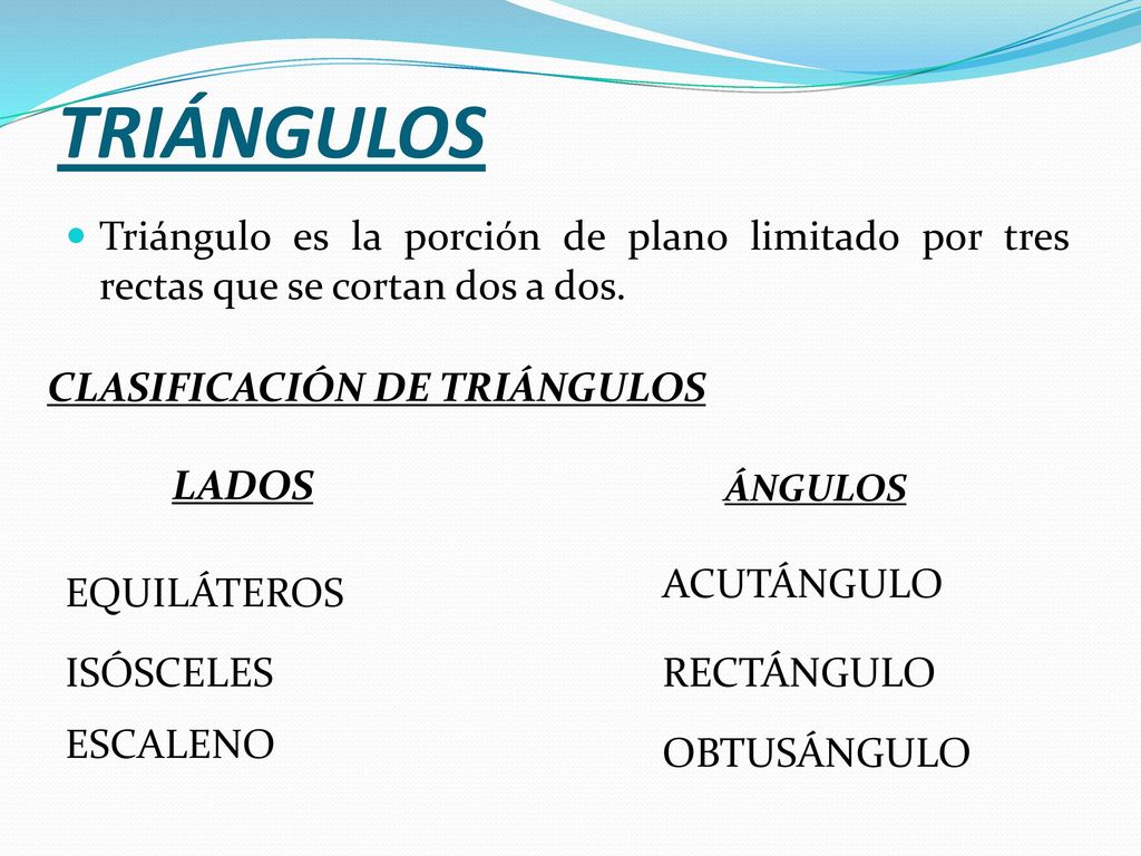 TRIÁNGULOS Triángulo es la porción de plano limitado por tres rectas que se cortan dos a dos. CLASIFICACIÓN DE TRIÁNGULOS.