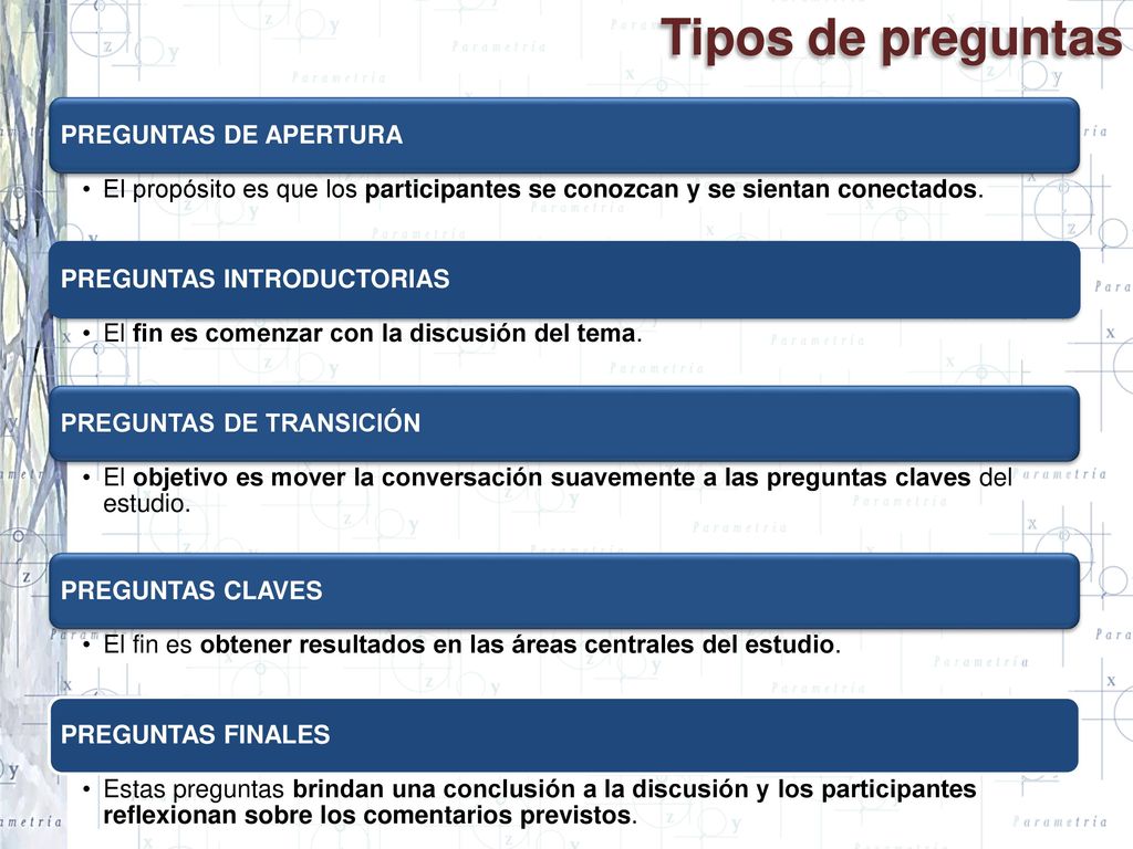Tipos de preguntas PREGUNTAS DE APERTURA
