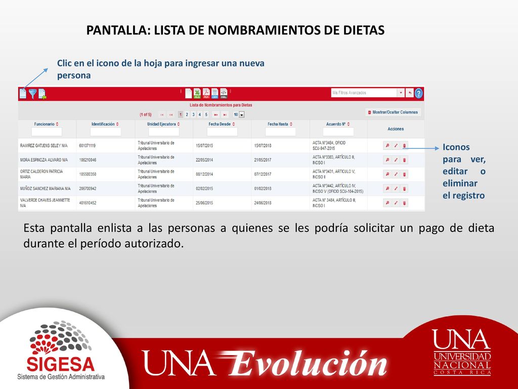 PANTALLA: LISTA DE PORCENTAJE DE RENTA PARA DIETA