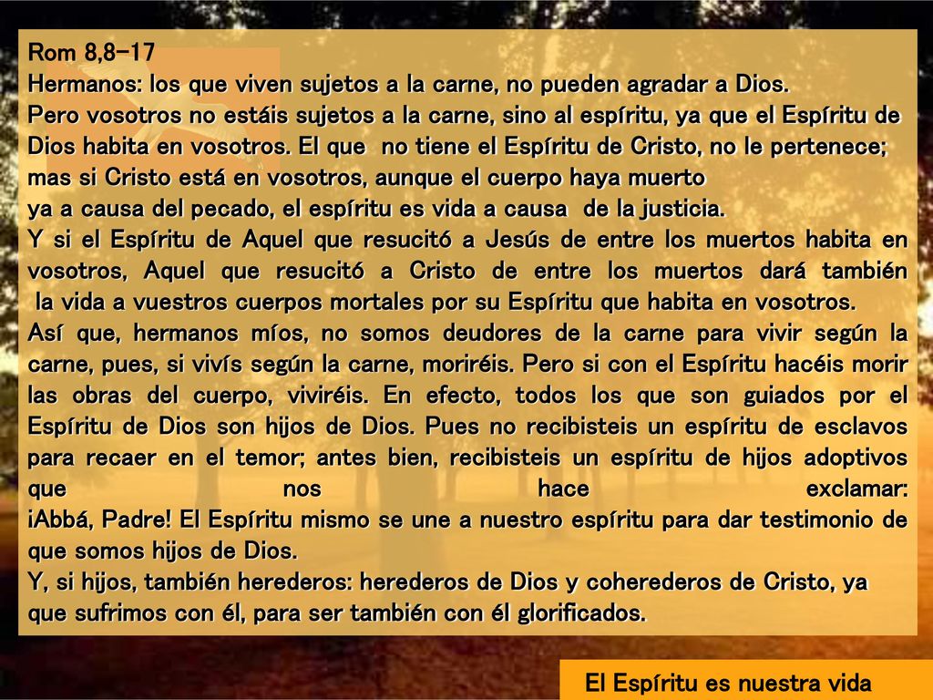 Rom 8,8-17 Hermanos: los que viven sujetos a la carne, no pueden agradar a Dios. Pero vosotros no estáis sujetos a la carne, sino al espíritu, ya que el Espíritu de Dios habita en vosotros. El que no tiene el Espíritu de Cristo, no le pertenece; mas si Cristo está en vosotros, aunque el cuerpo haya muerto ya a causa del pecado, el espíritu es vida a causa de la justicia.