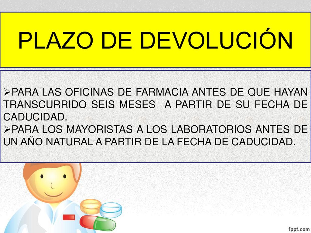 PLAZO DE DEVOLUCIÓN PARA LAS OFICINAS DE FARMACIA ANTES DE QUE HAYAN TRANSCURRIDO SEIS MESES A PARTIR DE SU FECHA DE CADUCIDAD.
