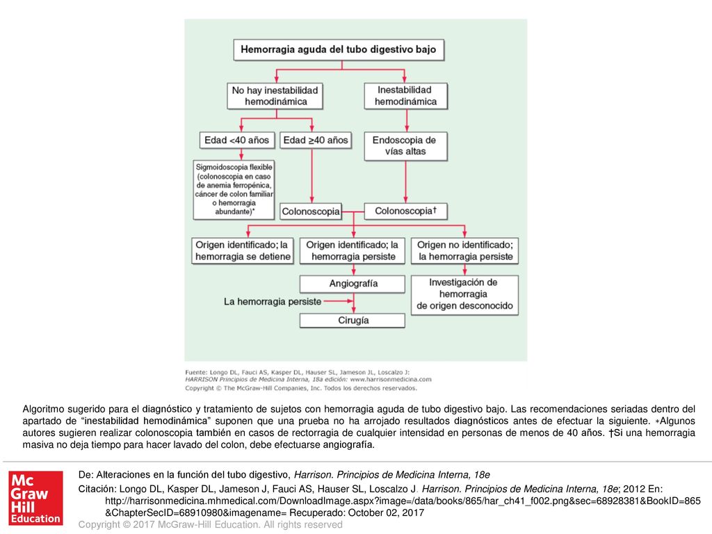Algoritmo sugerido para el diagnóstico y tratamiento de sujetos con hemorragia aguda de tubo digestivo bajo. Las recomendaciones seriadas dentro del apartado de inestabilidad hemodinámica suponen que una prueba no ha arrojado resultados diagnósticos antes de efectuar la siguiente. ∗Algunos autores sugieren realizar colonoscopia también en casos de rectorragia de cualquier intensidad en personas de menos de 40 años. †Si una hemorragia masiva no deja tiempo para hacer lavado del colon, debe efectuarse angiografía.