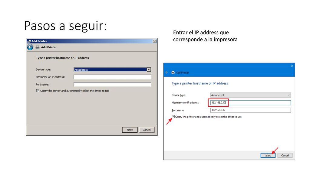 Pasos a seguir: Entrar el IP address que corresponde a la impresora