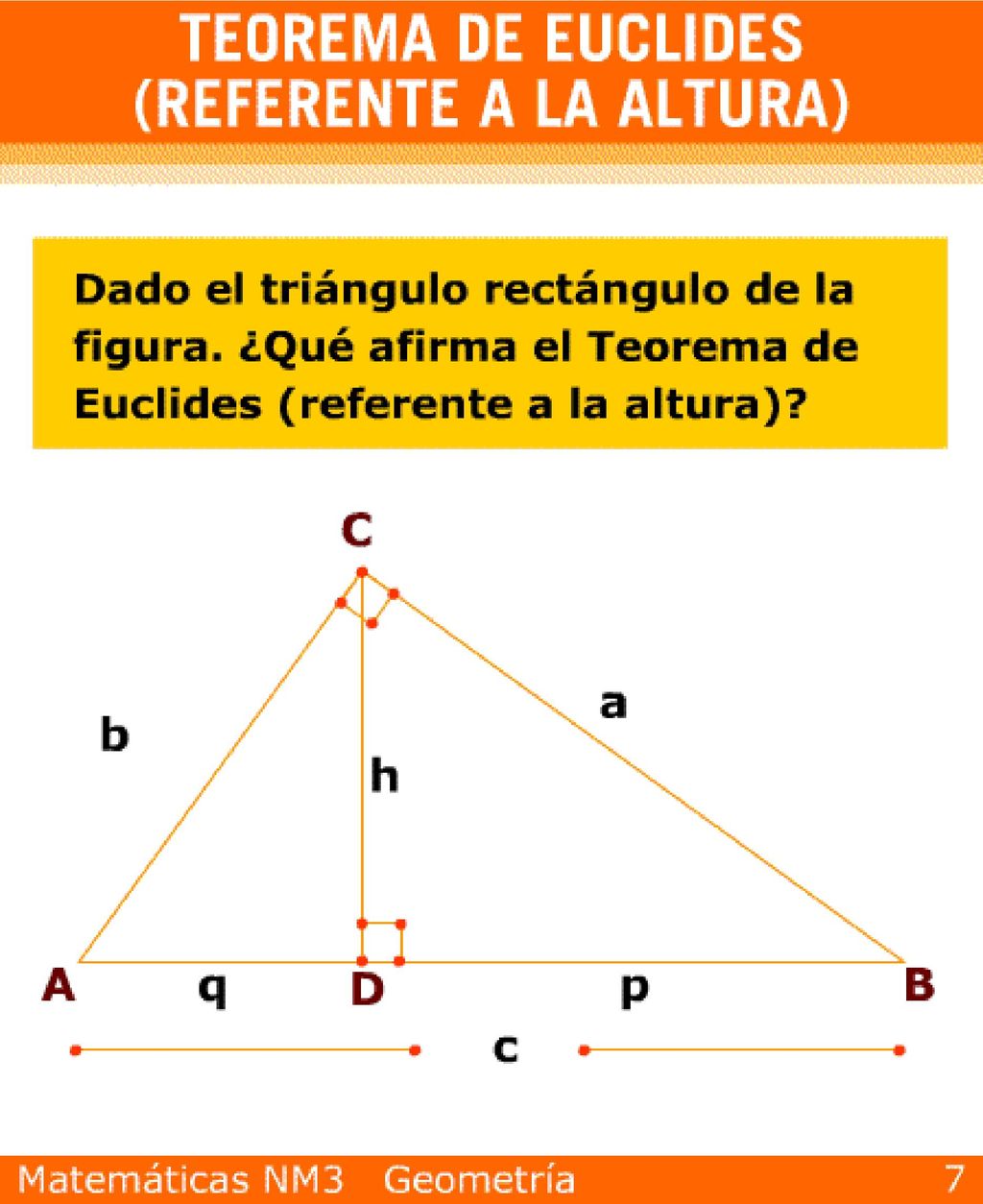 La altura h es media proporcional geométrica entre las proyecciones que determinan los catetos sobre la hipotenusa (h2= p⋅q).