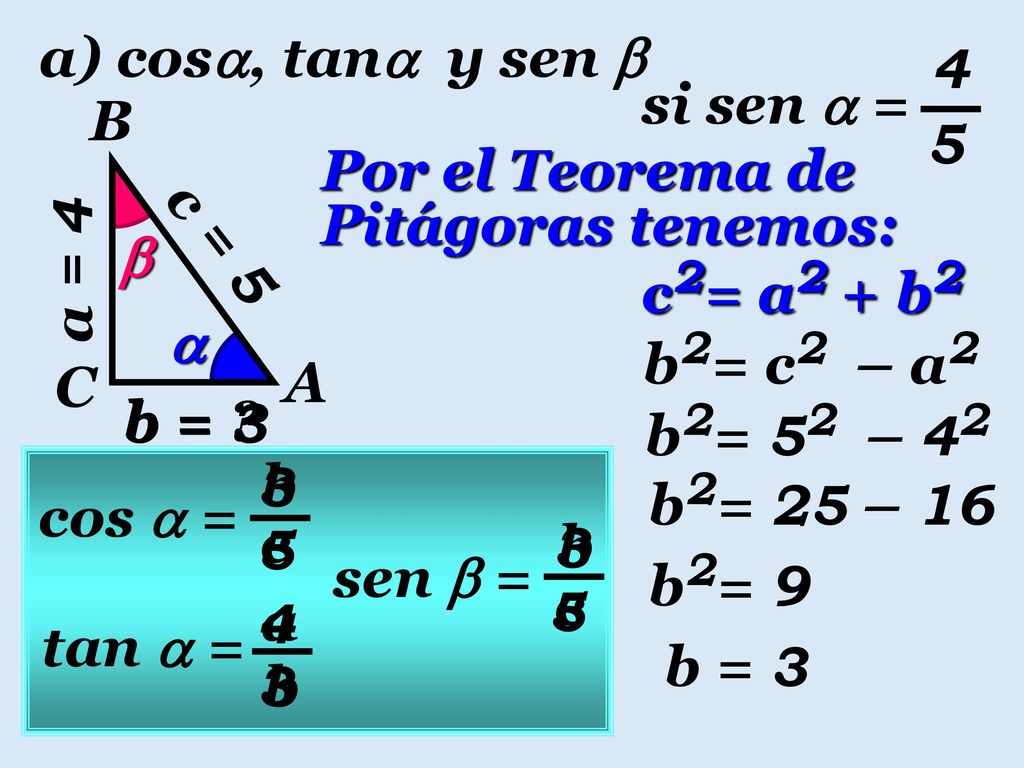 a) cos, tan y sen  si sen  = C. A. B. Por el Teorema de Pitágoras tenemos:  c = 5.