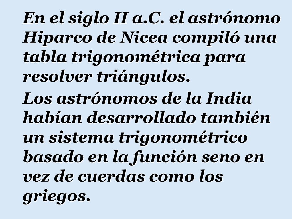 En el siglo II a.C. el astrónomo Hiparco de Nicea compiló una tabla trigonométrica para resolver triángulos.