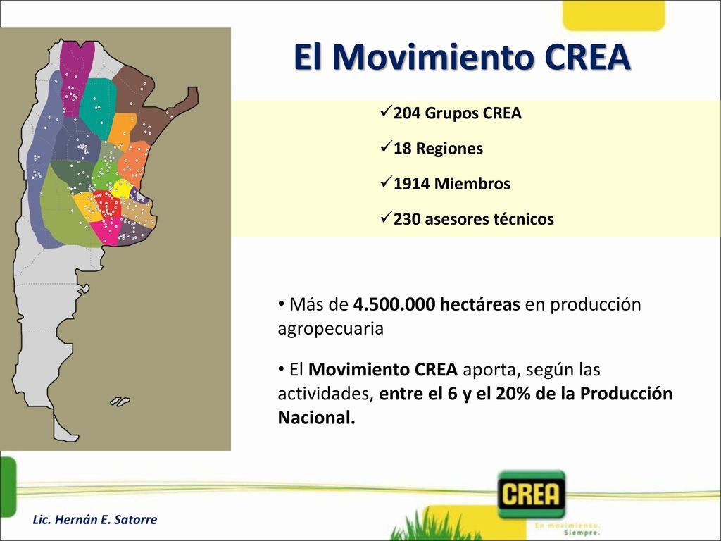 El Movimiento CREA 204 Grupos CREA. 18 Regiones Miembros. 230 asesores técnicos. Más de hectáreas en producción agropecuaria.