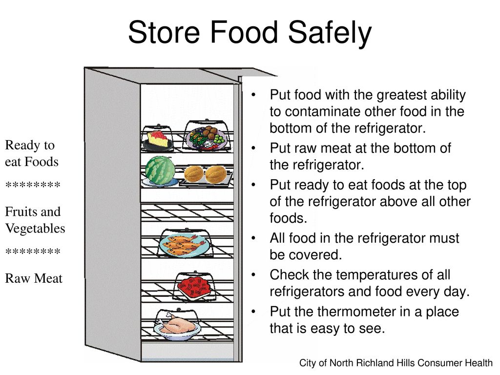 Store Food Safely Put food with the greatest ability to contaminate other food in the bottom of the refrigerator.