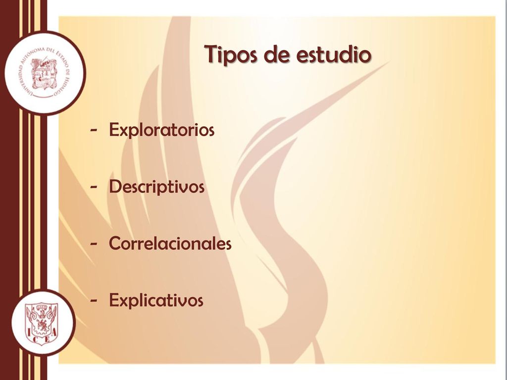 Tipos de estudio Exploratorios Descriptivos Correlacionales