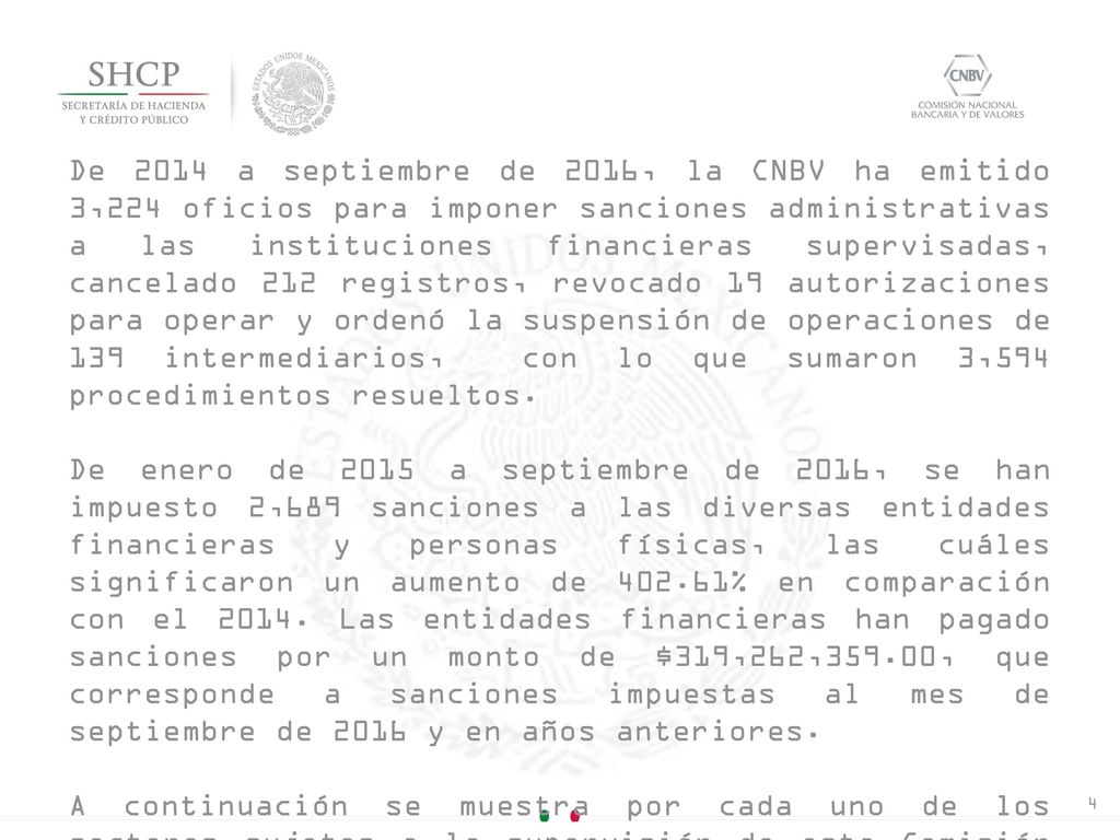 De 2014 a septiembre de 2016, la CNBV ha emitido 3,224 oficios para imponer sanciones administrativas a las instituciones financieras supervisadas, cancelado 212 registros, revocado 19 autorizaciones para operar y ordenó la suspensión de operaciones de 139 intermediarios, con lo que sumaron 3,594 procedimientos resueltos.
