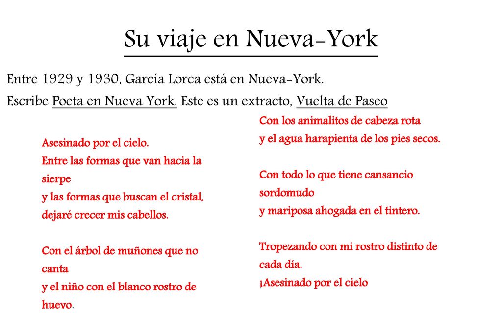 Su viaje en Nueva-York Entre 1929 y 1930, García Lorca está en Nueva-York. Escribe Poeta en Nueva York. Este es un extracto, Vuelta de Paseo.