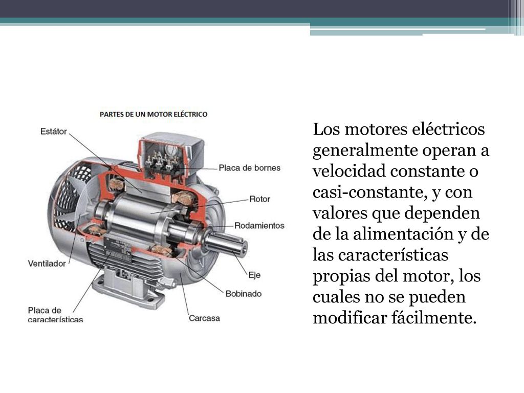 Los motores eléctricos generalmente operan a velocidad constante o casi-constante, y con valores que dependen de la alimentación y de las características propias del motor, los cuales no se pueden modificar fácilmente.