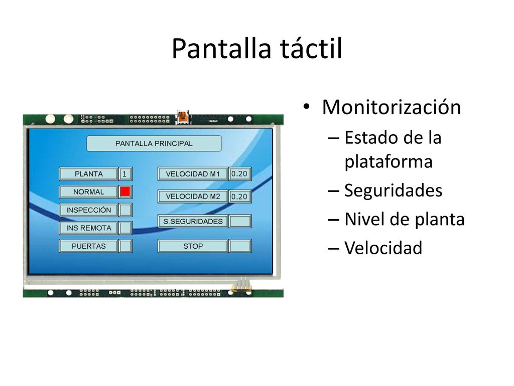 Pantalla táctil Monitorización Estado de la plataforma Seguridades
