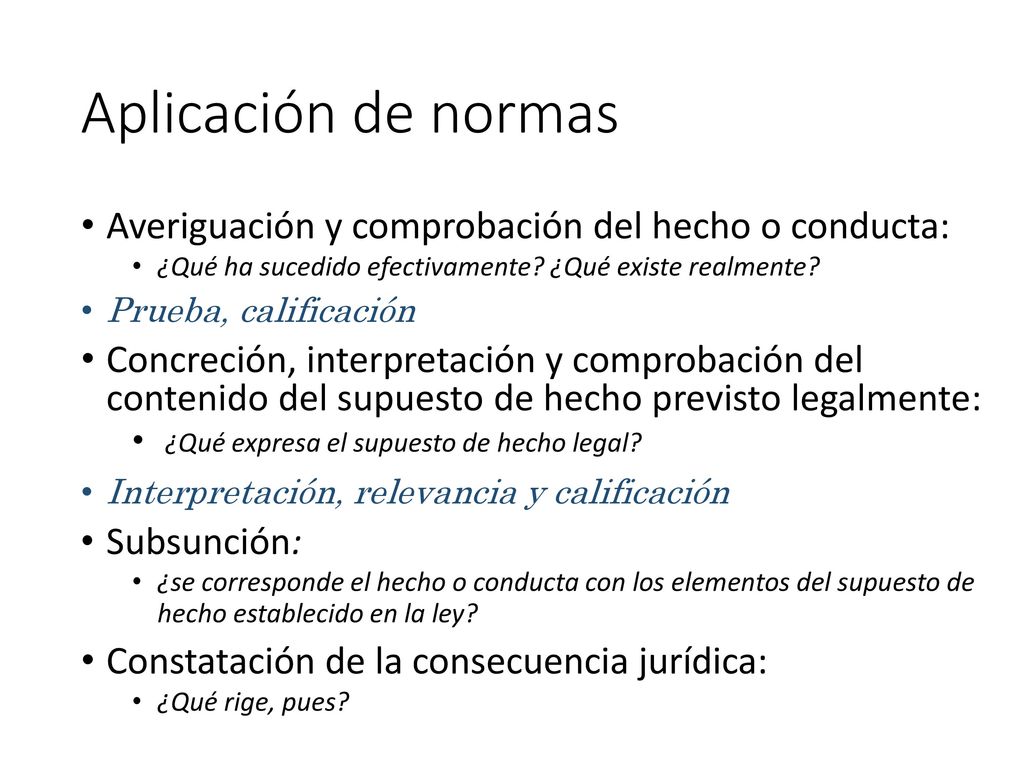 Aplicación de normas Averiguación y comprobación del hecho o conducta: