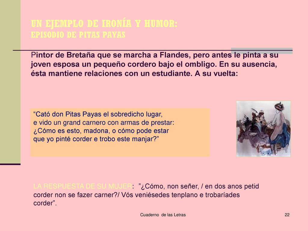 UN EJEMPLO DE IRONÍA Y HUMOR: EPISODIO DE PITAS PAYAS Pintor de Bretaña que se marcha a Flandes, pero antes le pinta a su joven esposa un pequeño cordero bajo el ombligo. En su ausencia, ésta mantiene relaciones con un estudiante. A su vuelta: