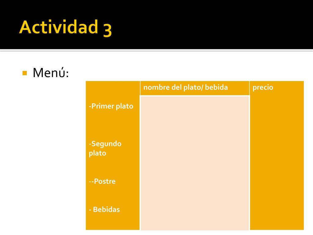 Actividad 3 Menú: -Primer plato Segundo plato -Postre - Bebidas