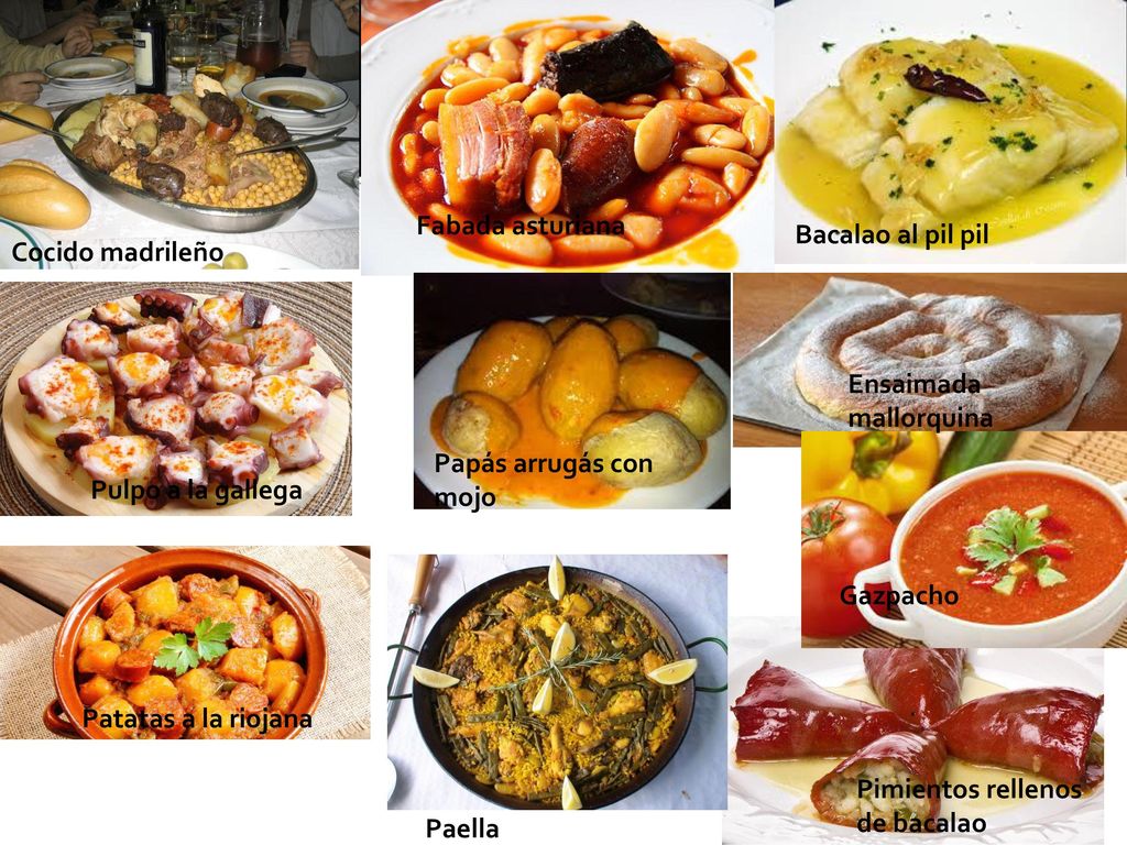 Fabada asturiana Bacalao al pil pil. Cocido madrileño. Ensaimada mallorquina. Papás arrugás con mojo.