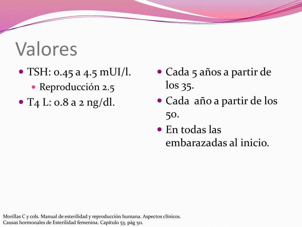 Valores TSH: 0.45 a 4.5 mUI/l. T4 L: 0.8 a 2 ng/dl.