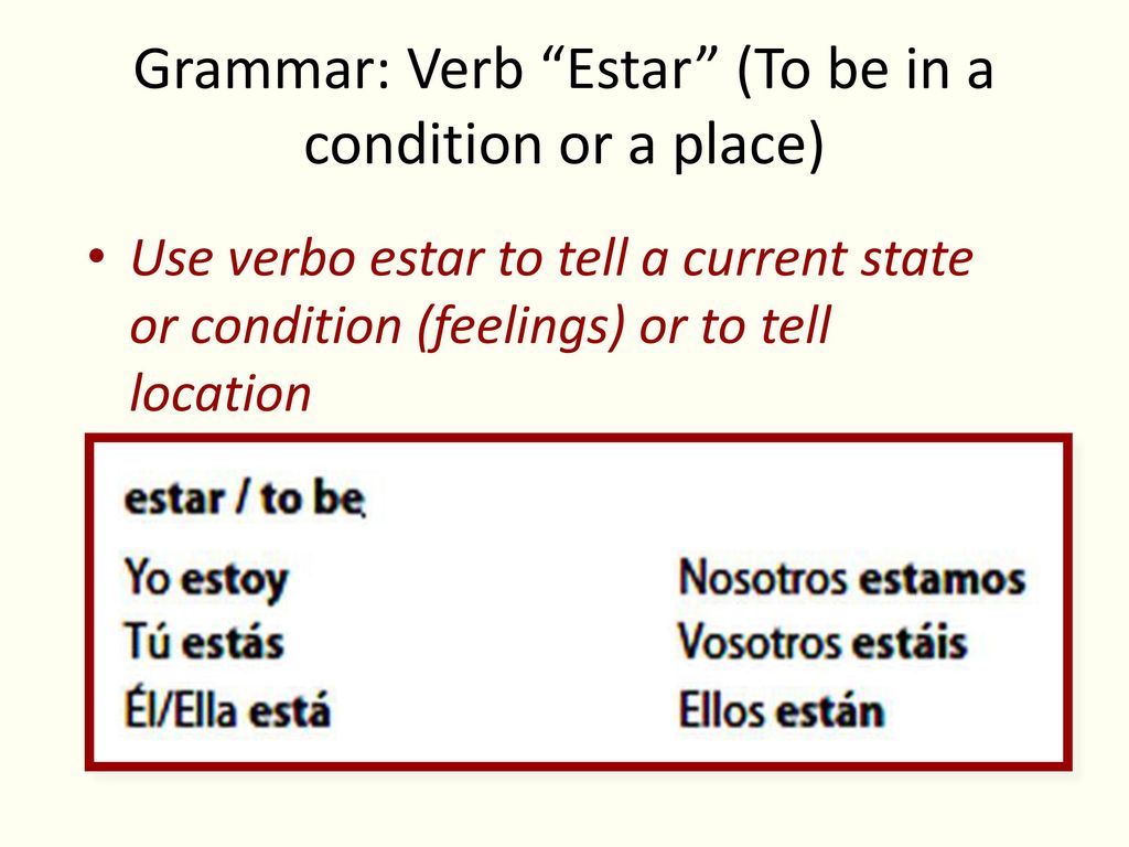 Grammar: Verb Estar (To be in a condition or a place)