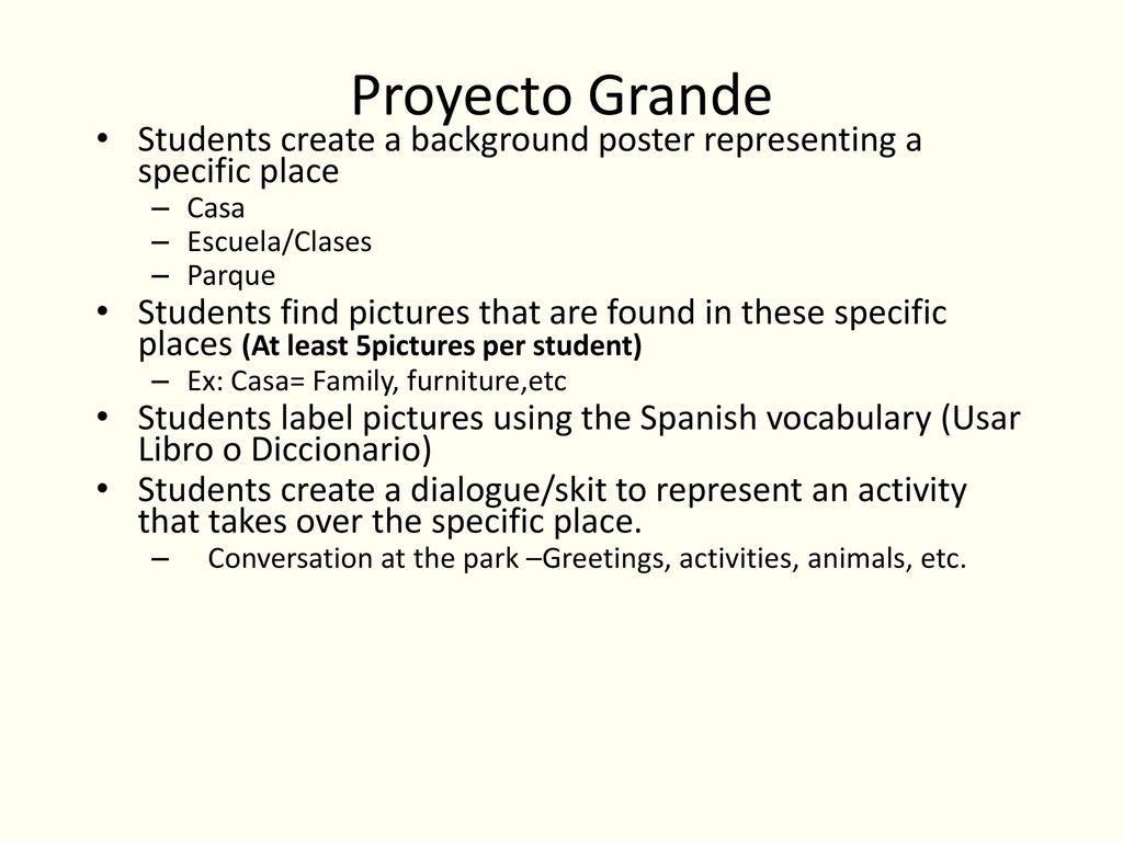 Proyecto Grande Students create a background poster representing a specific place. Casa. Escuela/Clases.